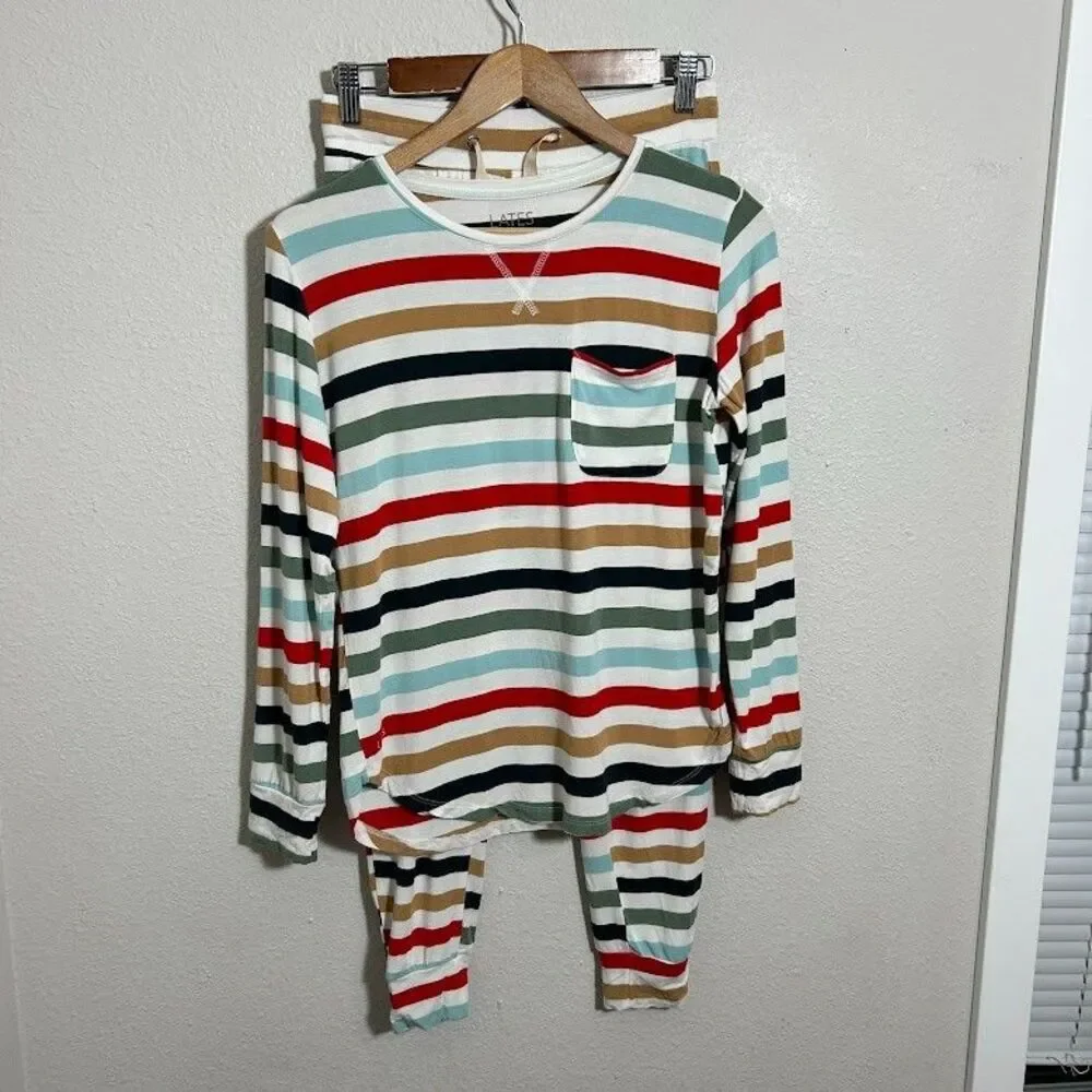 Lates By Kate Striped Pajama Set XS Long Sleeve Joggers Drawstring Comfy Stretch
